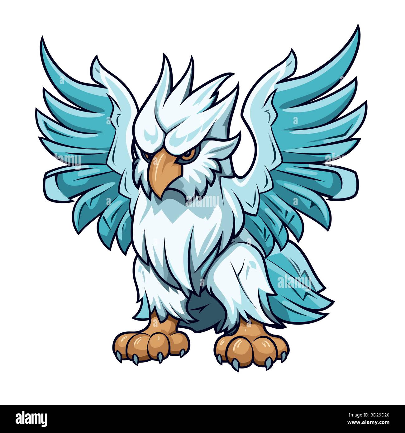Griffon blanc avec des ailes ouvertes et un froncement de sourcils montre ses plumes majestueuses Illustration de Vecteur