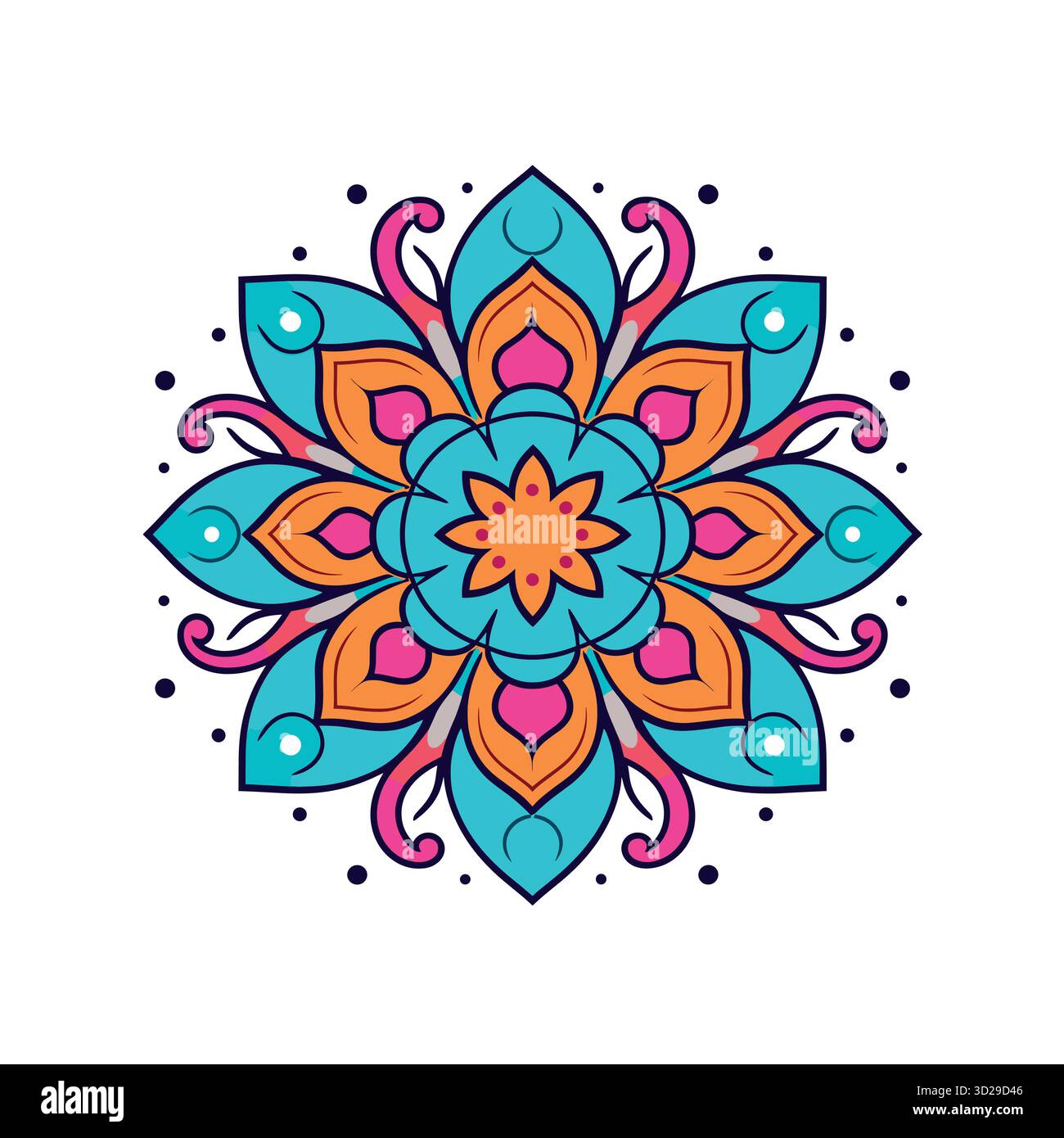 Mandala fleuri géométrique coloré avec des pétales roses, oranges et bleus et des détails ornementaux Illustration de Vecteur