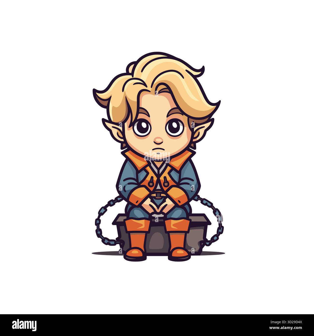 Personnage d'elfe de dessin animé assis dans des chaînes semble triste et piégé dans l'obscurité Illustration de Vecteur