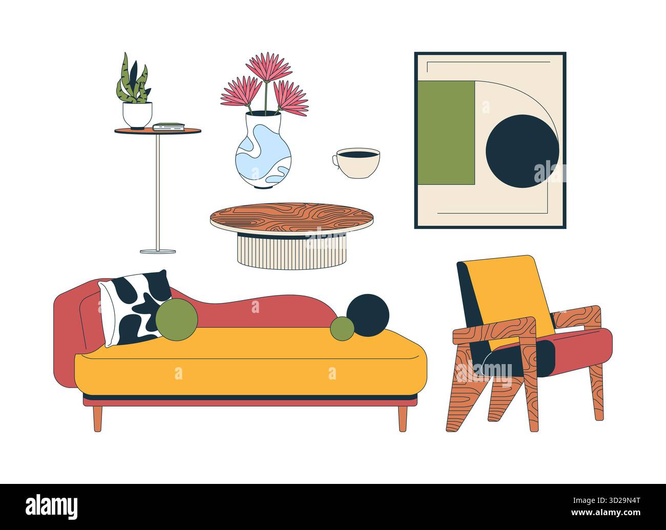 Salon confortable avec mobilier éclectique moderne 2D objets de dessin animé Illustration de Vecteur