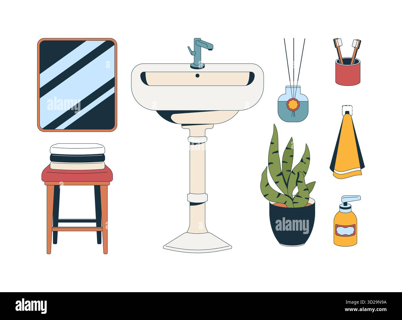Décor de salle de bains et articles de toilette ensemble d'objets de dessin animé 2D. Illustration de Vecteur