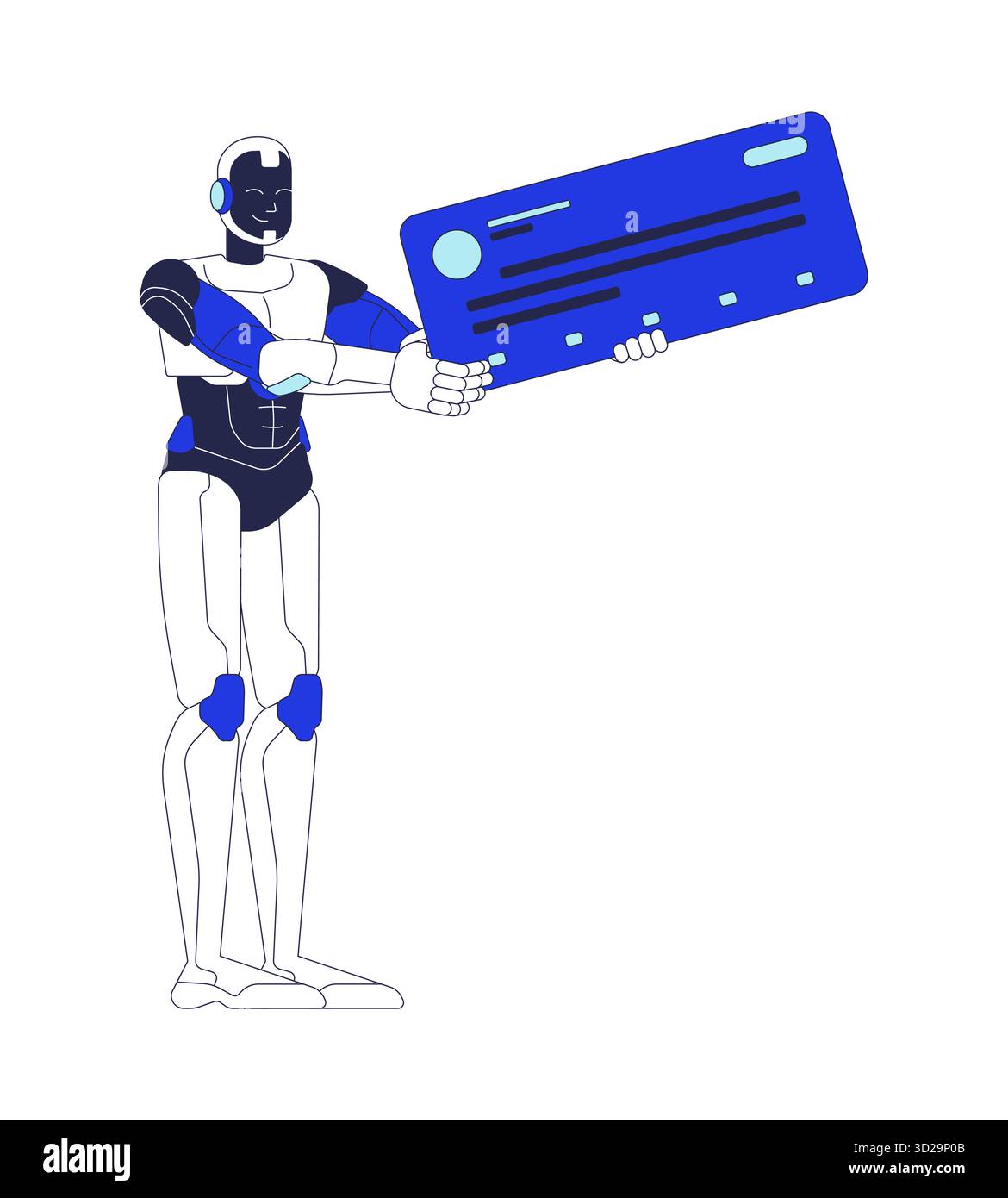 Robot AI tenant les médias sociaux poster un personnage de dessin animé 2D. Illustration de Vecteur