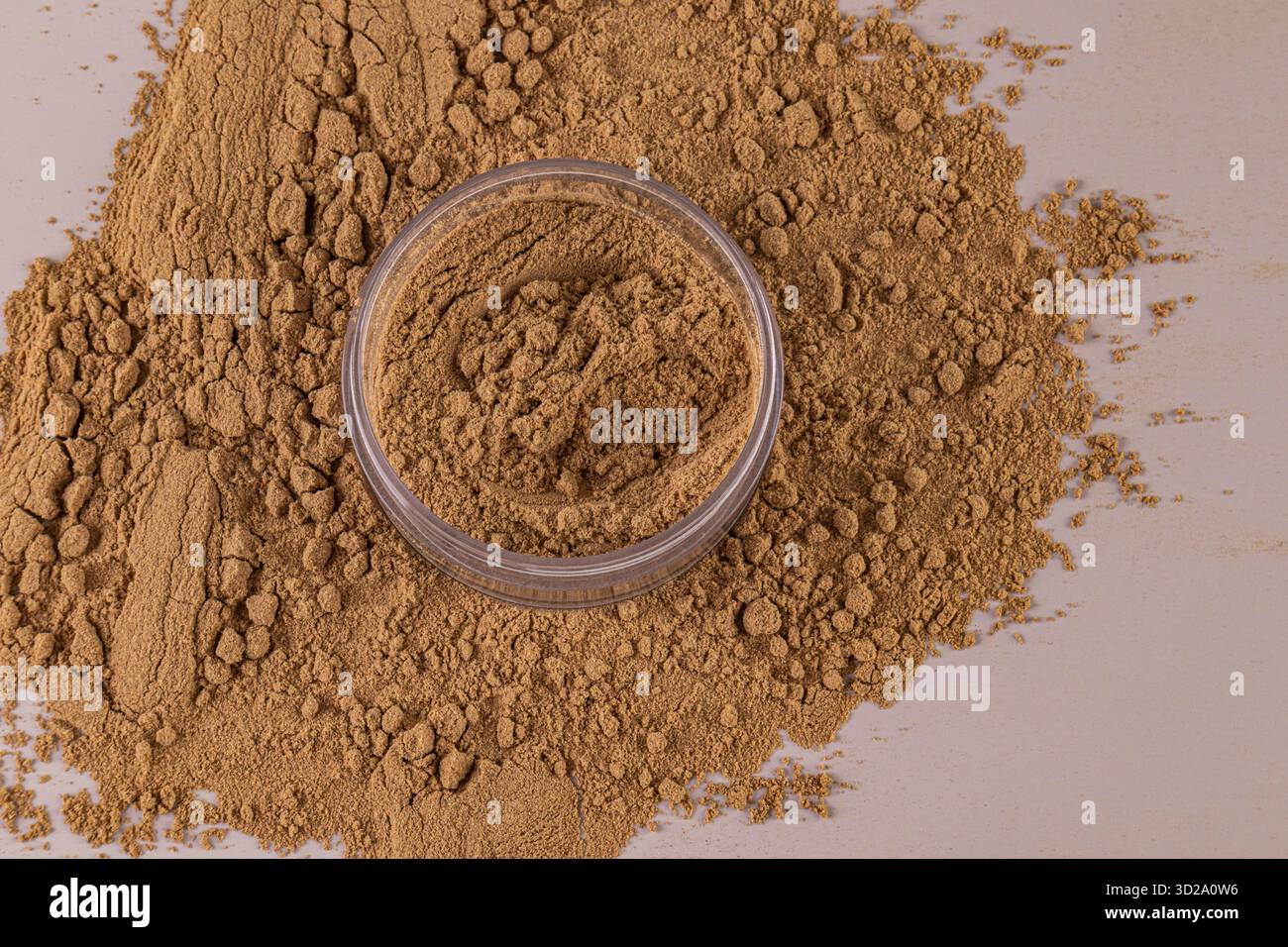 Pot cosmétique avec un ton de bronze de poudre lâche pour la peau foncée ou la peau bronzée se tient sur la poudre lâche. Vue rapprochée. exemple de texture du produit Banque D'Images