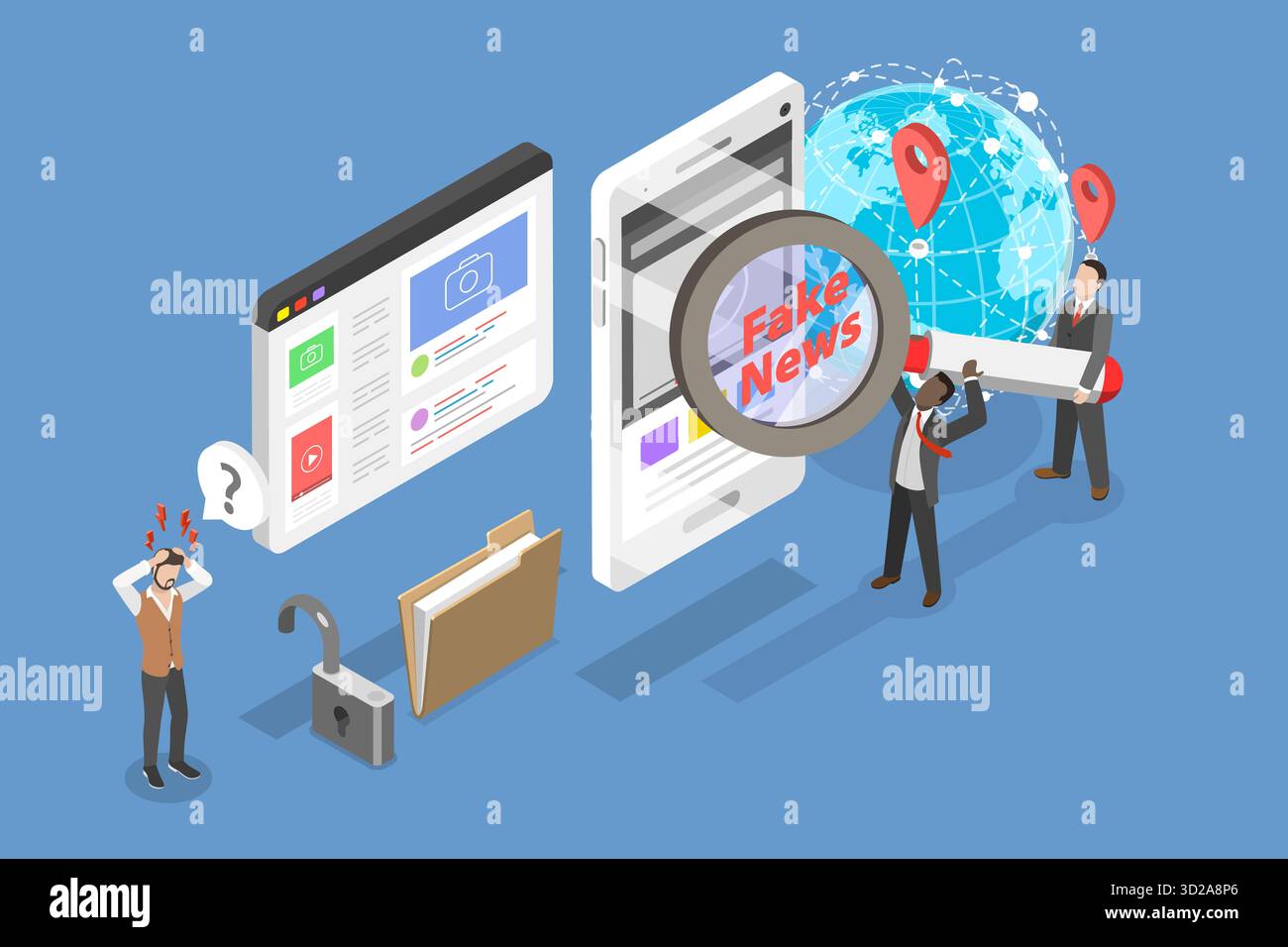 Illustration plate isométrique 3D de Fake News, Propaganda news, contrevérité information Spread Banque D'Images