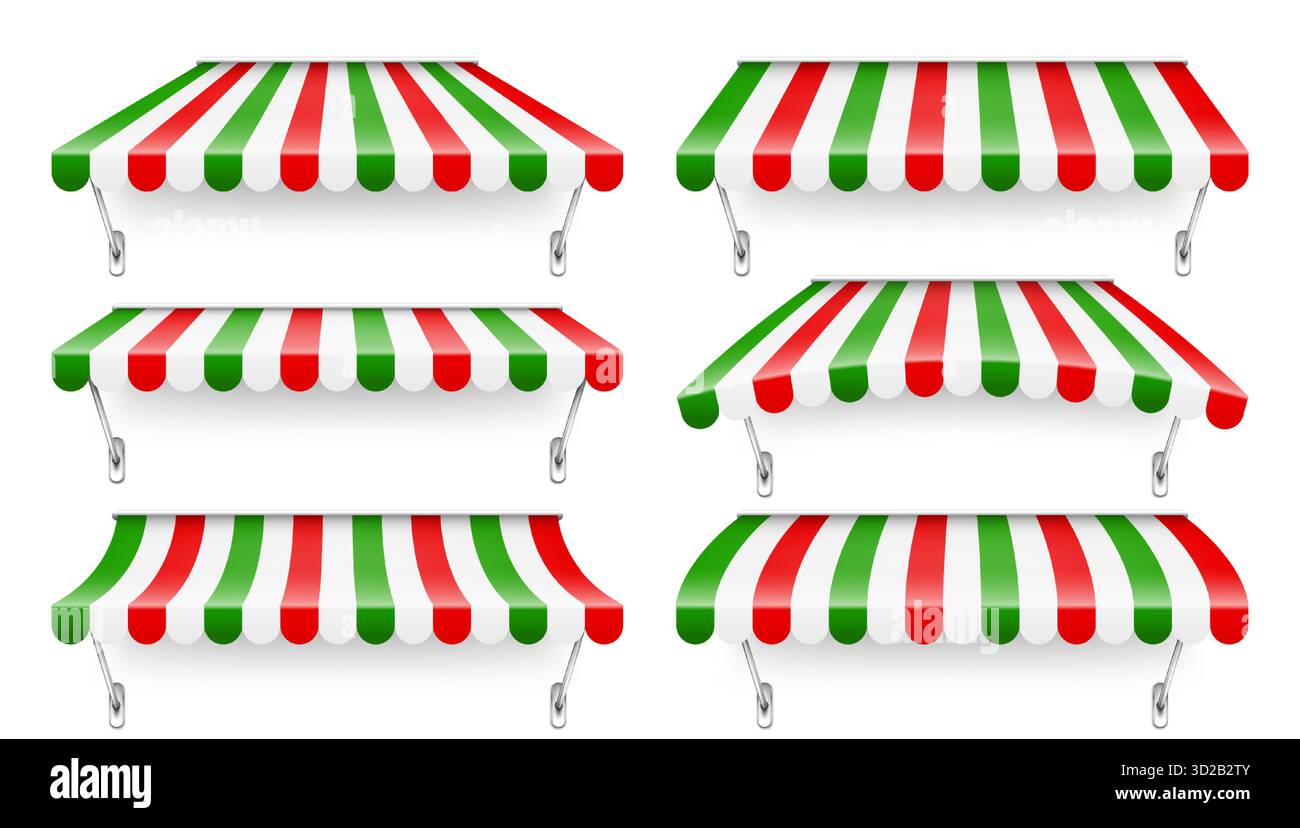 Achetez le pare-soleil avec support en métal. Auvent de café rayé réaliste. Tente de marché extérieure. Auvent de toit aux couleurs du drapeau italien. Magasin de rue d'été. Vecteur Illustration de Vecteur