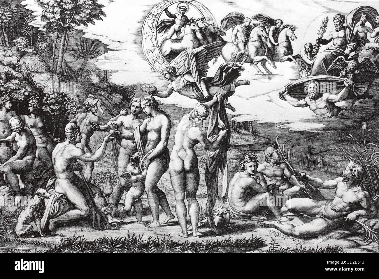 Le jugement de Paris, un épisode célèbre de la mythologie grecque. Le jeune prince Paris doit décider laquelle des trois déesses est la plus belle : Héra, Athéna ou Aphrodite. Marcantonio Raimondi, gravure sur cuivre d'après un dessin perdu de Raphael, 1516, reproduction améliorée numériquement d'un original du XIXe siècle. Historique, date exacte inconnue. Banque D'Images