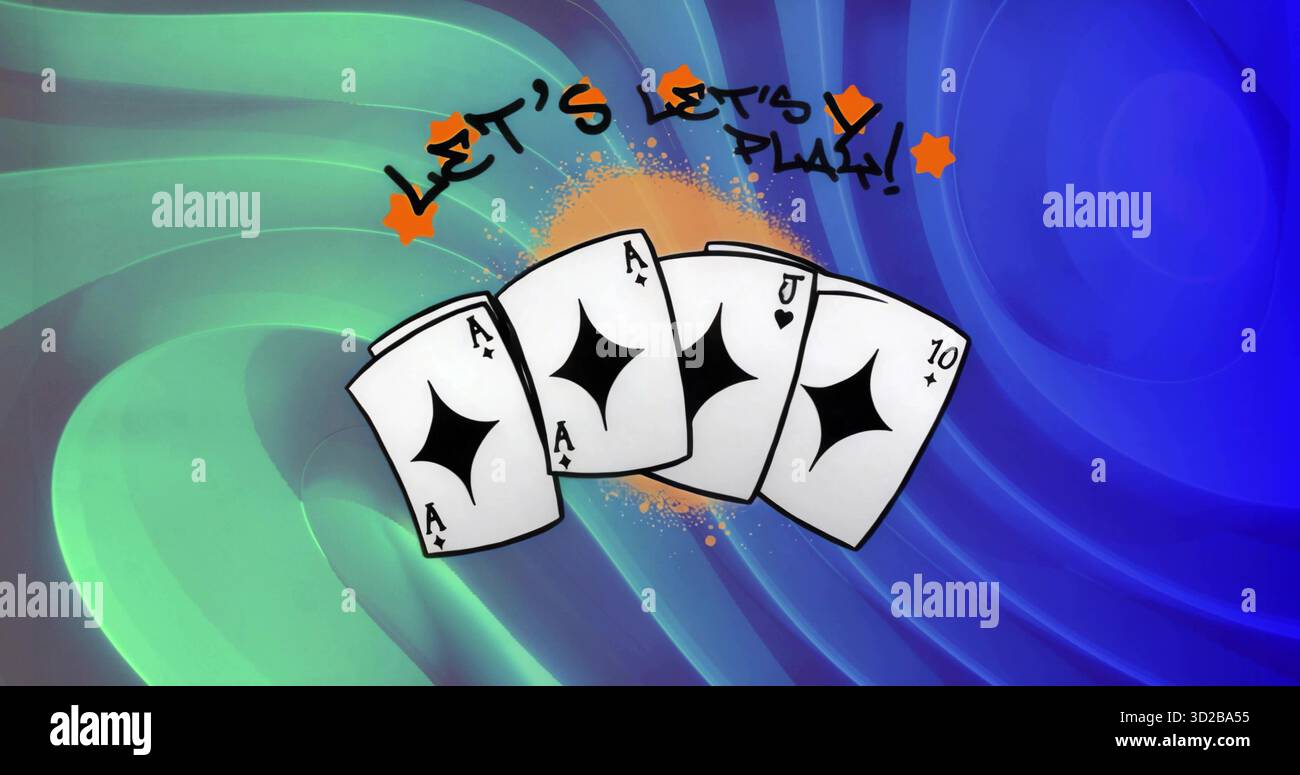 Montrant les cartes étiquetées AAJ10 dans l'affiche numérique graffiti-style Let's Play texte, étoiles orange, tourbillon Banque D'Images