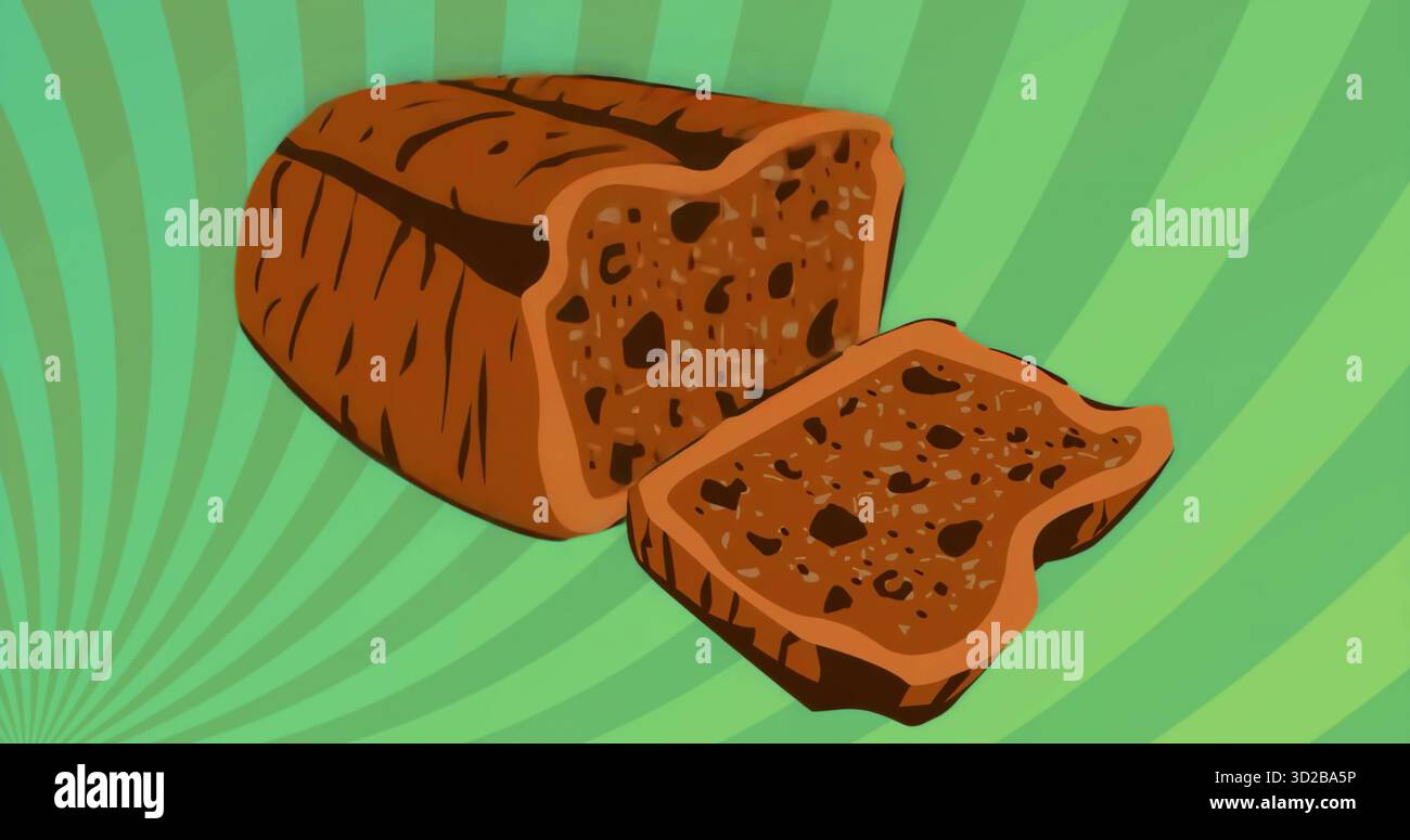 Montrant le pain brun avec une seule tranche sur fond rayé vert, illustration Banque D'Images