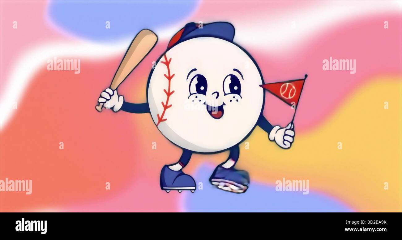 Personnage de baseball en roller portant une casquette, tenant une batte et agitant un fanion rouge dans un tourbillon pastel Banque D'Images