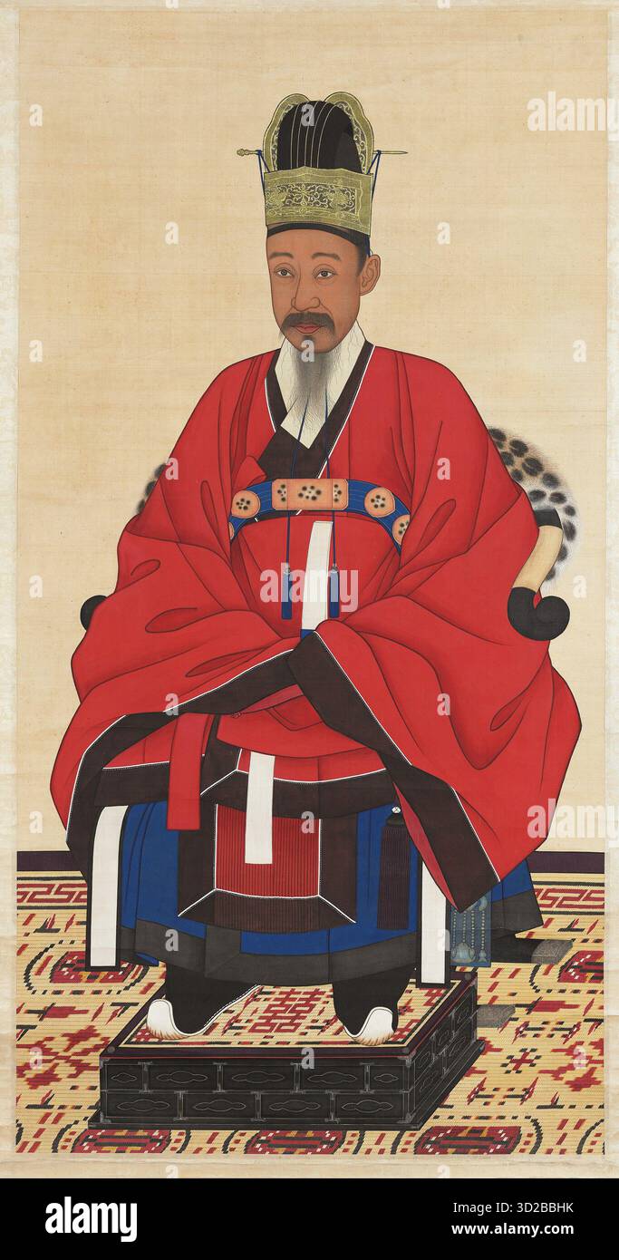 Portrait historique de Heungseon Daewongun (Yi Ha-eung), père du roi Gojong de Corée, peint vers 1869. Représente le Daewongun portant une couronne dorée et une robe rouge cérémonielle (geumgwan jobok). Encre et couleurs sur soie. Musée national de Corée, Séoul. Circa 1869 Banque D'Images
