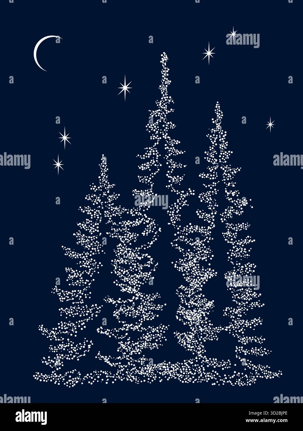 Fond de paysage d'hiver. Sapins faits de points blancs. Une nuit d'hiver gelée dans une forêt de conifères. Illustration de Vecteur