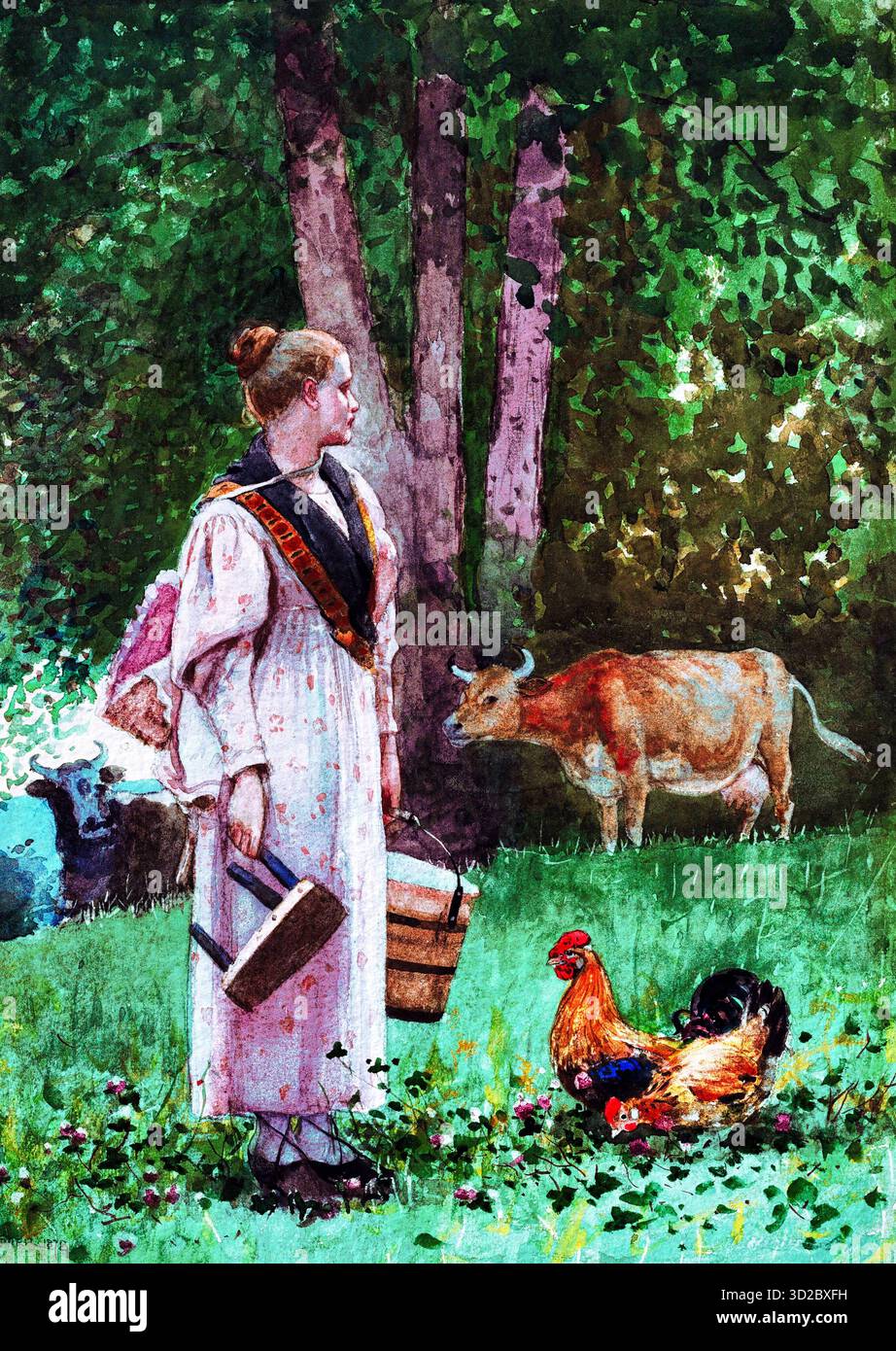 The Milk Maid (1878) de Winslow Homer, peinture de genre réaliste américaine du XIXe siècle, scène de ferme rurale, œuvre d'art du domaine public à haute résolution Banque D'Images