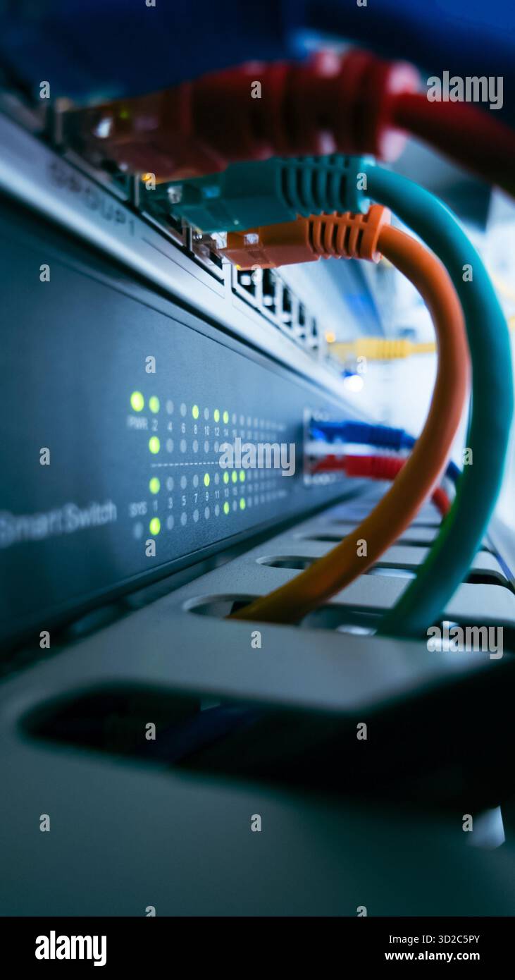 Vue verticale du commutateur réseau avec câbles ethernet colorés et LED vertes, montrant la transmission active des données et l'infrastructure INFORMATIQUE professionnelle. Banque D'Images