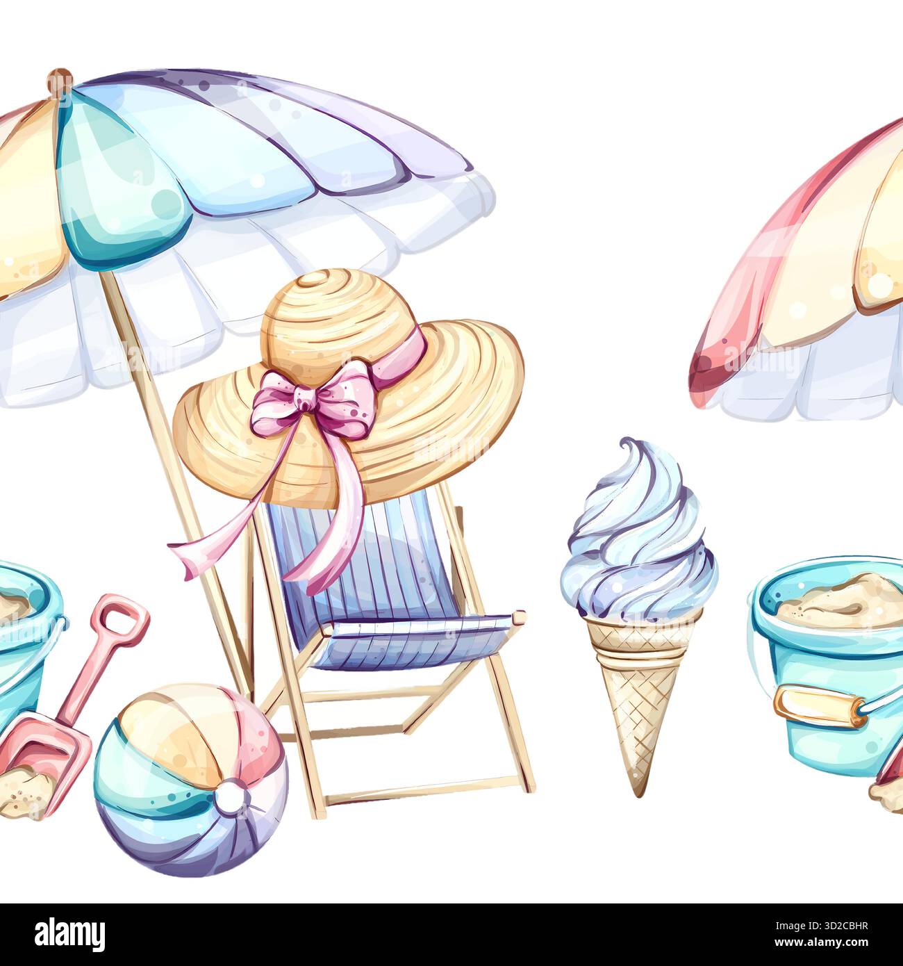 Fond d'écran de fond de motif de bonheur de vacances d'été avec parasols de plage, cônes de crème glacée, jouets de sable, et boules de plage ludiques qui évoquent Illustration de Vecteur