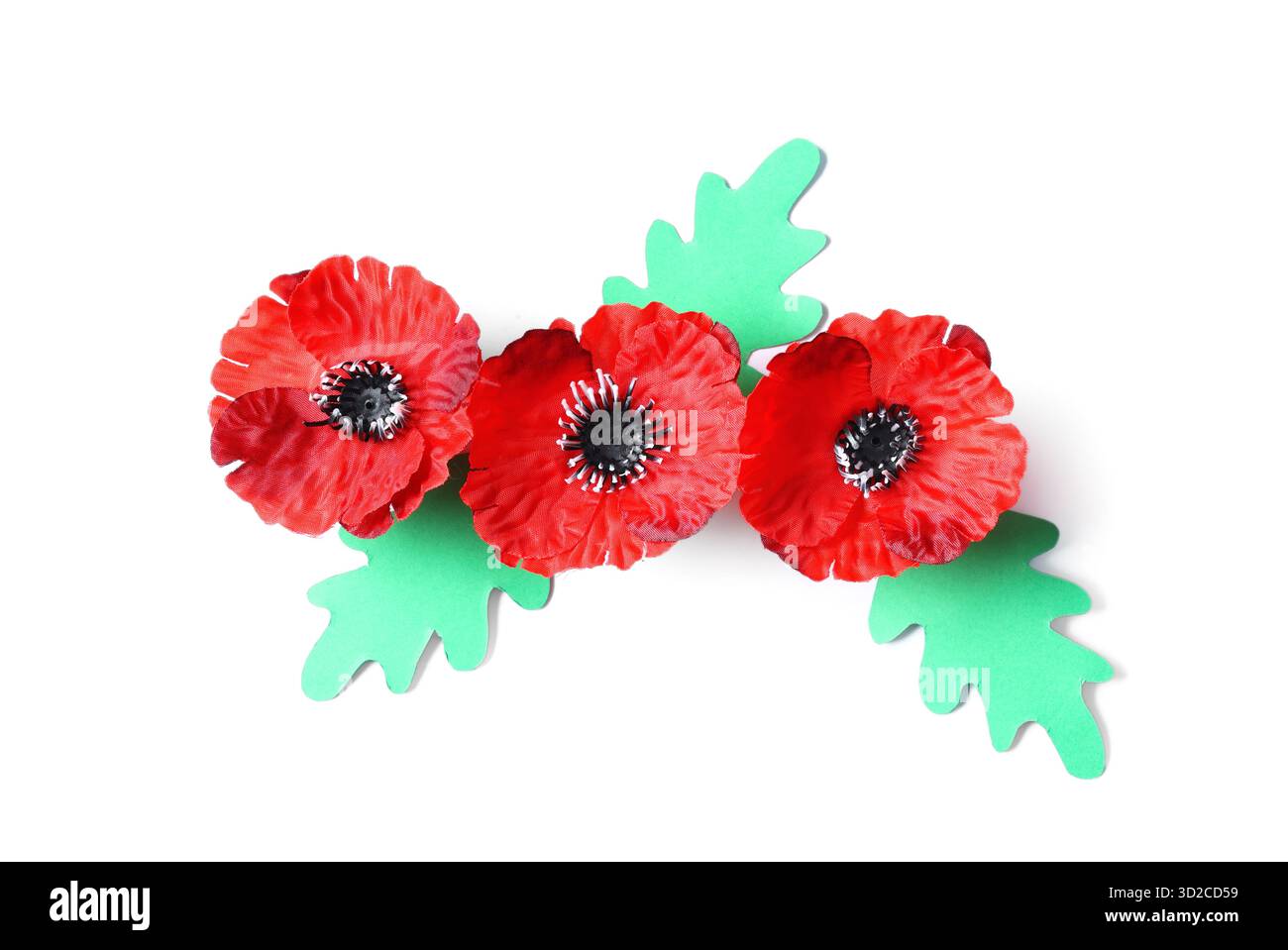 Fleurs de pavot avec des feuilles de papier sur fond blanc. Jour du souvenir Banque D'Images