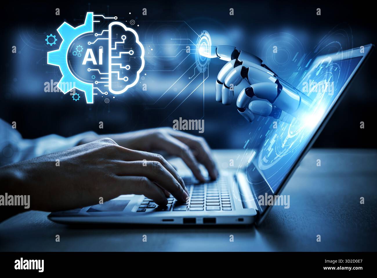 Un assistant IA générative démontre sa puissance de traitement cognitif. Cette technologie fusionne avec les systèmes industriels pour automatiser et optimiser les complexes Banque D'Images