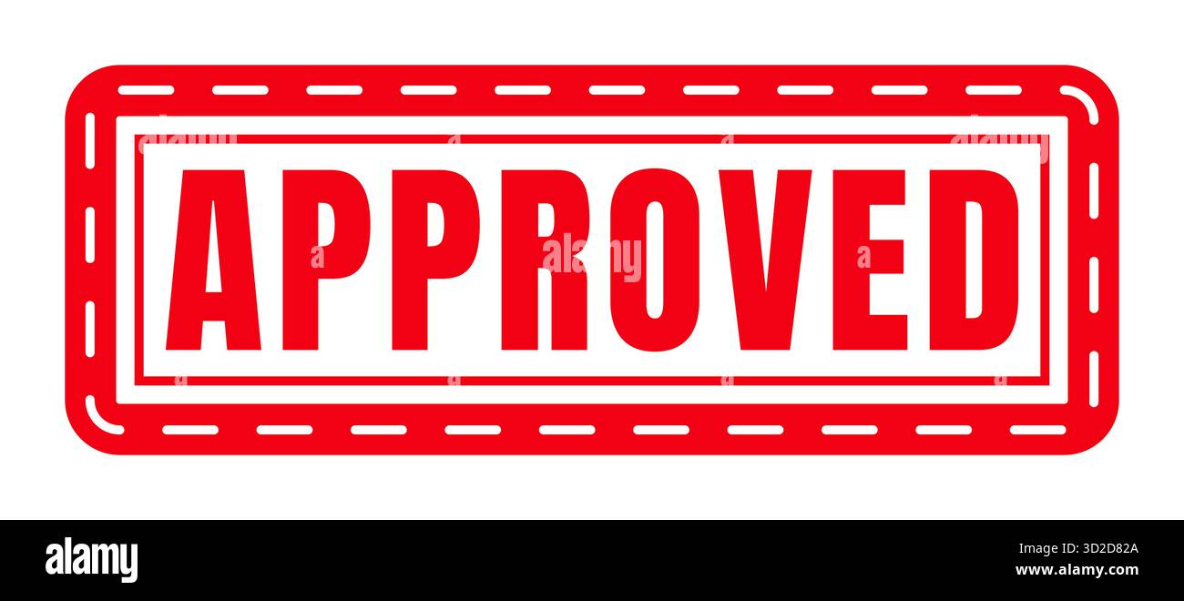 Timbre approuvé rouge avec confirmation officielle de la frontière en pointillés ou vecteur de symbole d'assurance qualité isolé sur fond blanc représentant la validation Illustration de Vecteur