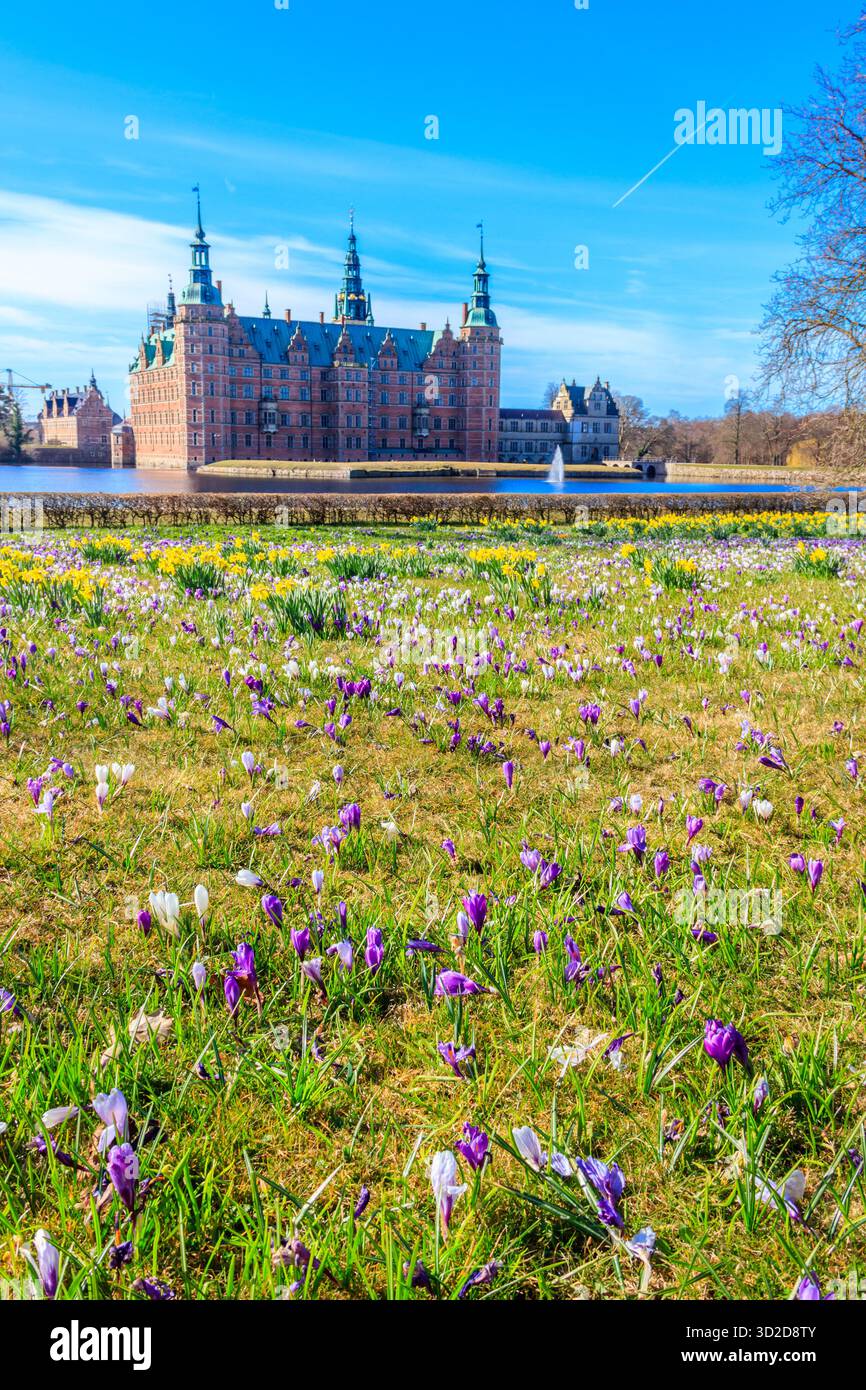 Vue sur le château de Frederiksborg à Hillerod, Danemark. Beau lac et jardin avec des crocodiles et des jonquilles en premier plan Banque D'Images
