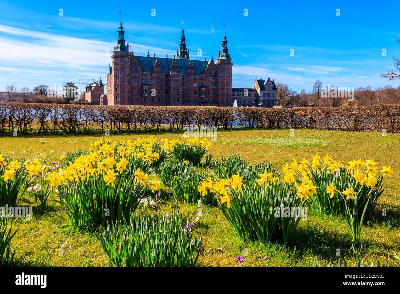 Vue sur le château de Frederiksborg à Hillerod, Danemark. Beau lac et jardin avec des crocodiles et des jonquilles en premier plan Banque D'Images