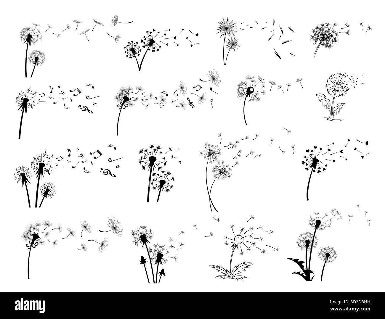 Grand ensemble de logos de pissenlit stylisés. Illustration de Vecteur