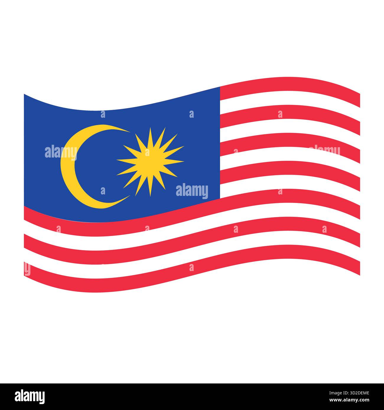 Drapeau national malaisien agitant avec croissant de lune et d'étoile, drapeau jalur Gemilang symbolisant l'unité, l'islam et le souverain Illustration de Vecteur