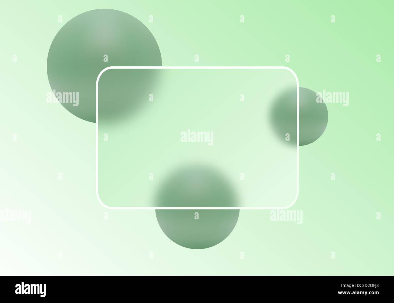 Cadre de style morphisme en verre abstrait avec des sphères vertes floues sur un fond dégradé. Banque D'Images