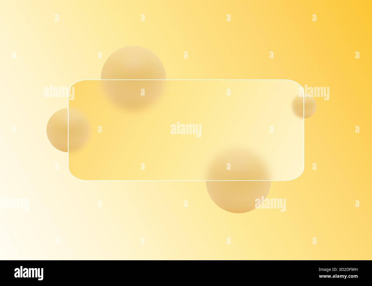 Cadre rectangulaire de style morphisme en verre sur fond jaune orangé avec des sphères floues. Banque D'Images