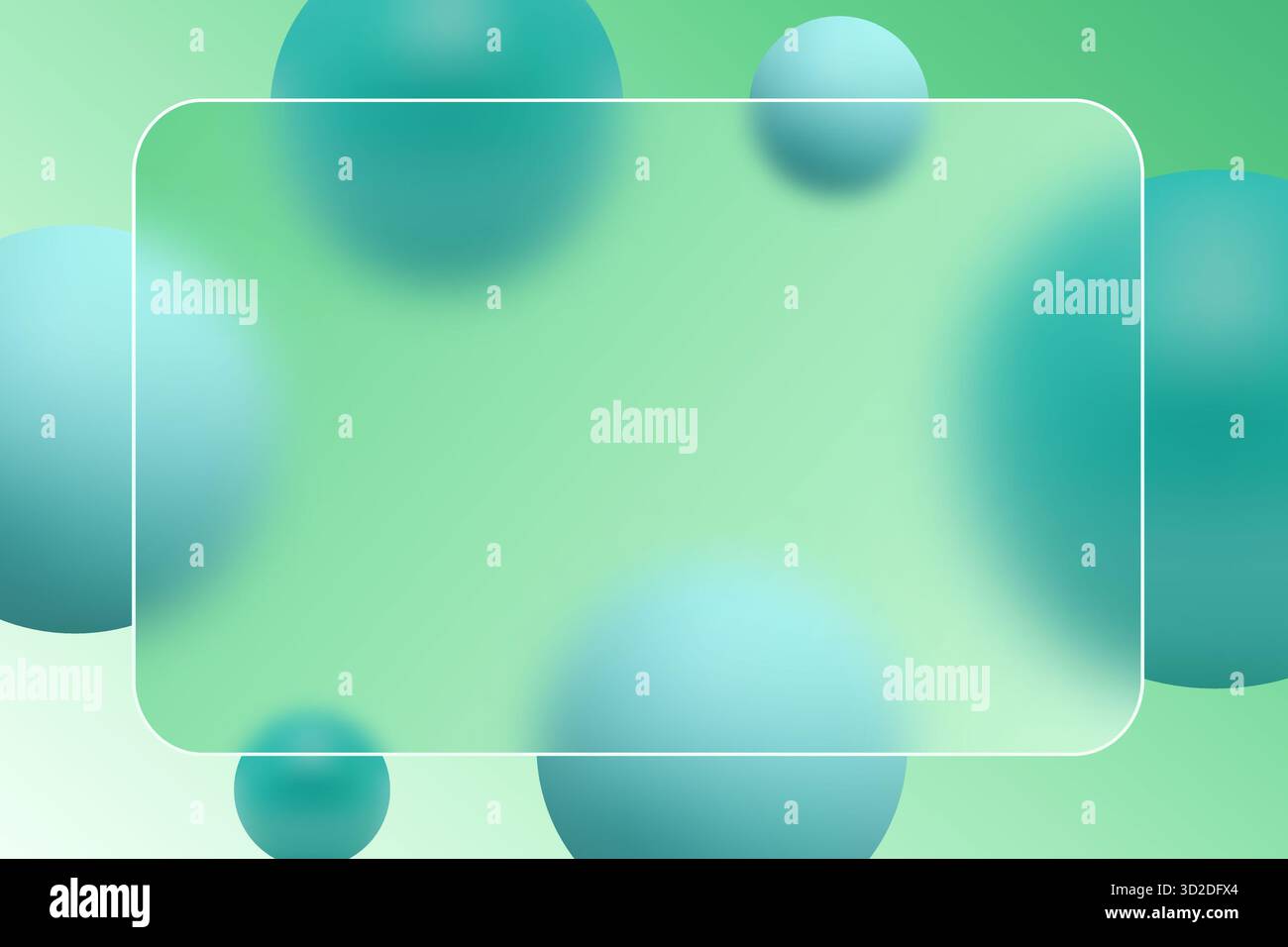 Cadre de style morphisme en verre rectangulaire sur fond vert avec des sphères bleu-vert. Banque D'Images