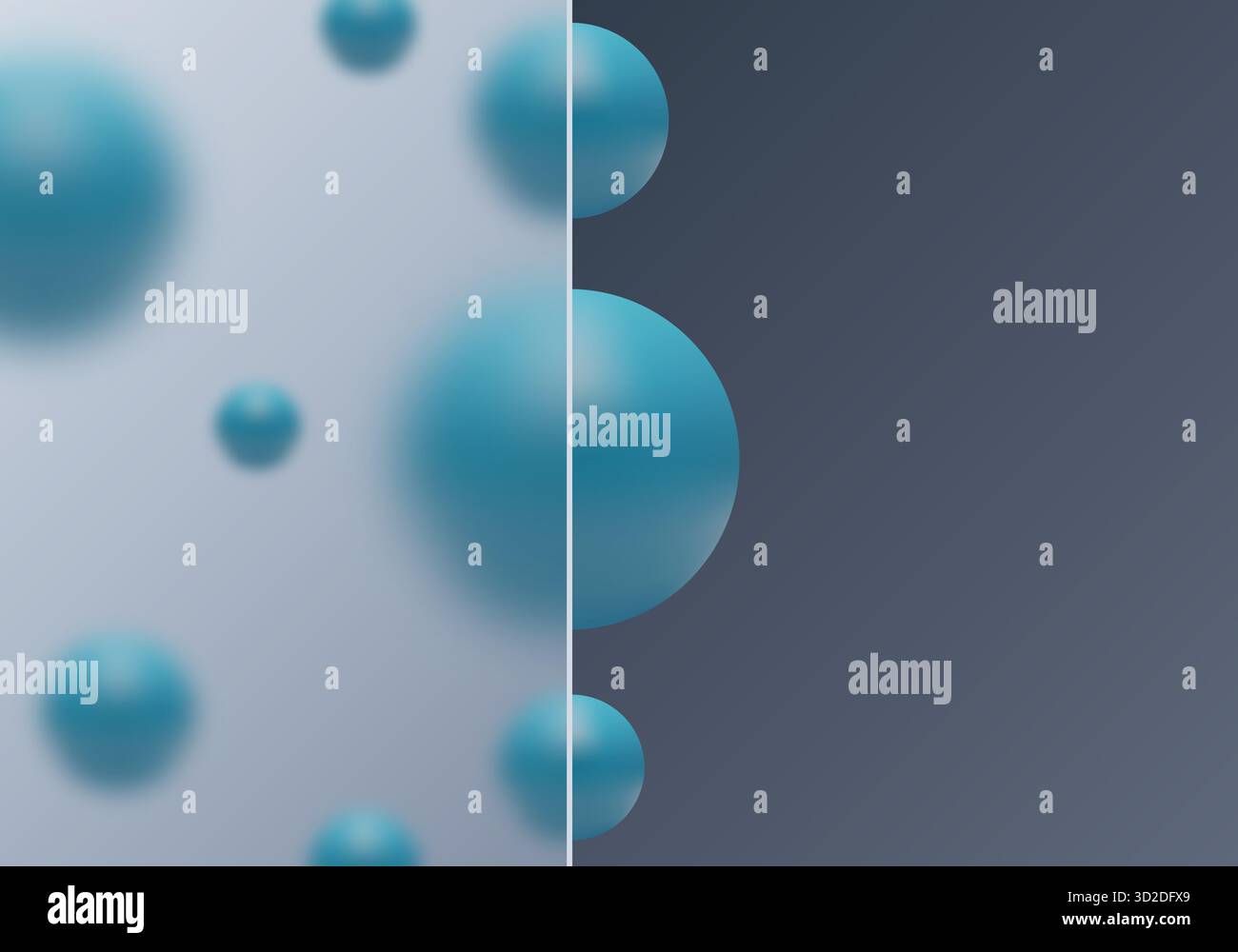 Division verticale abstraite avec morphisme de verre et sphères 3D bleues. Banque D'Images