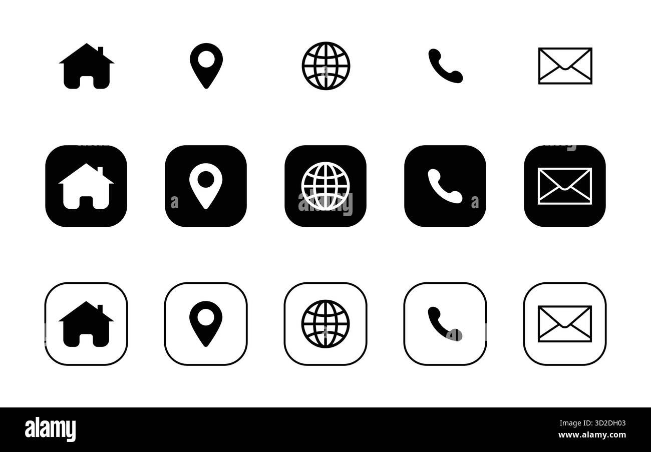 Icônes de contact minimalistes définies avec des symboles de messagerie de téléphone de globe de localisation d'origine isolés sur fond blanc pour l'interface utilisateur de conception d'interface numérique Illustration de Vecteur