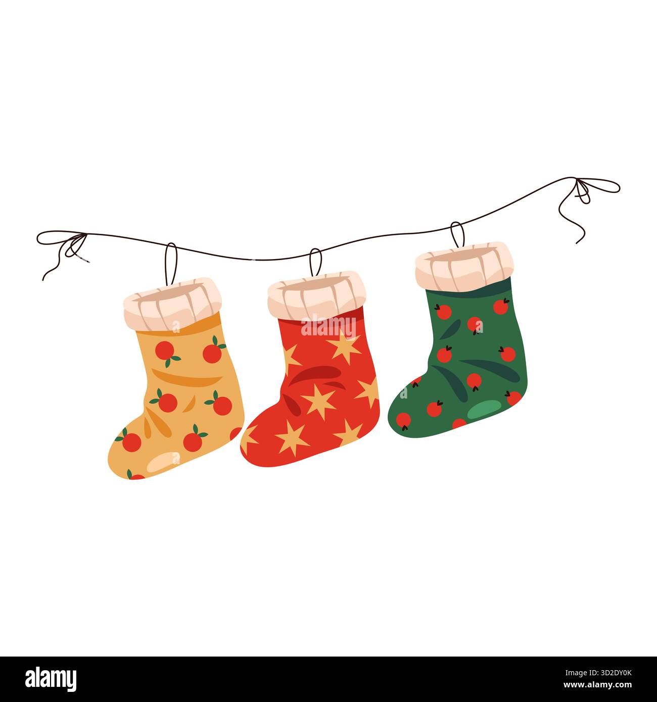 Chaussettes de Noël vectorielles accrochent à la corde. Bas tricotés festifs comme décoration de vacances pour cadeau et cadeau de bonbons. Décoration tradition de Noël et nouvel an pour cheminée. Élément pour joyeux festival d'hiver. Illustration de Vecteur