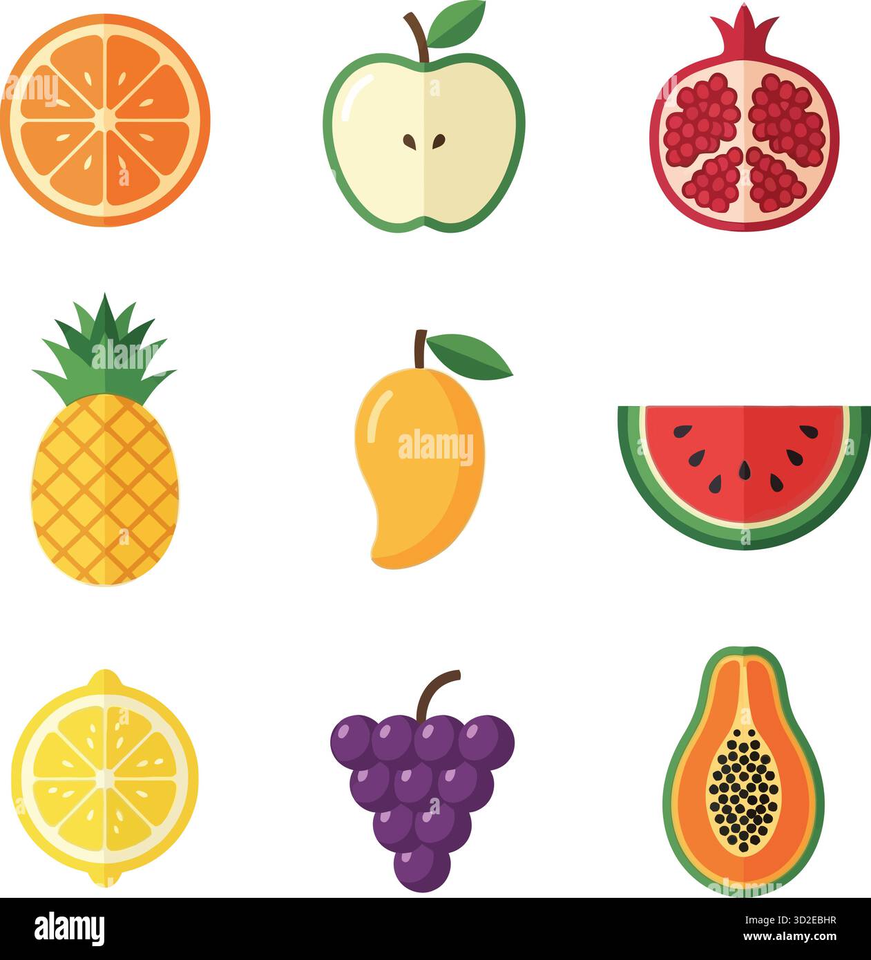 Ensemble de neuf icônes de fruits de conception plate. Collection vectorielle de graphiques d'aliments sains. Illustration de Vecteur