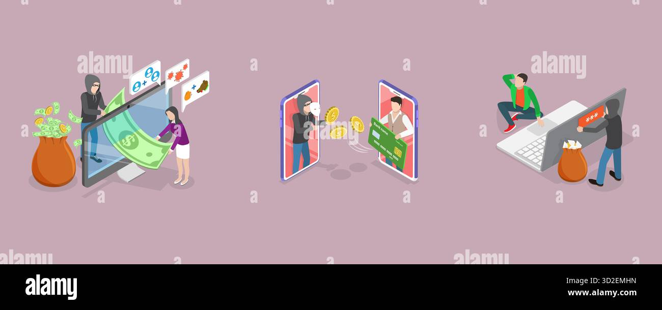 Ensemble plat isométrique 3D de scènes d'escroquerie, fraude Internet ensemble plat isométrique 3D de scènes d'escroquerie, fraude Internet Banque D'Images