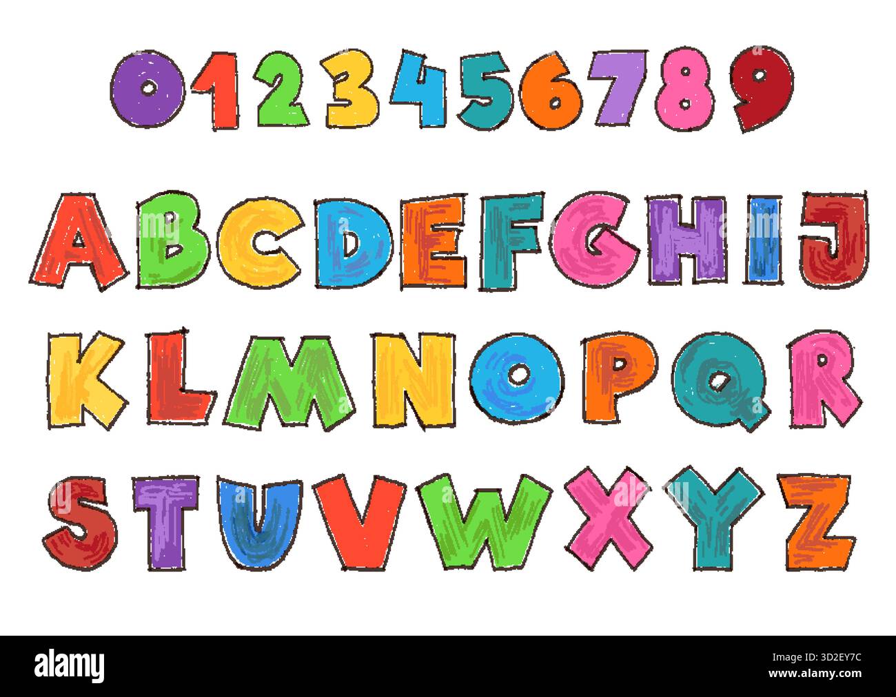 Police enfants ludique. Enfants couleur alphabet, lettres et chiffres, design lumineux drôle, textures rugueuses, crayons dessinés à la main, crayons isolés Illustration de Vecteur