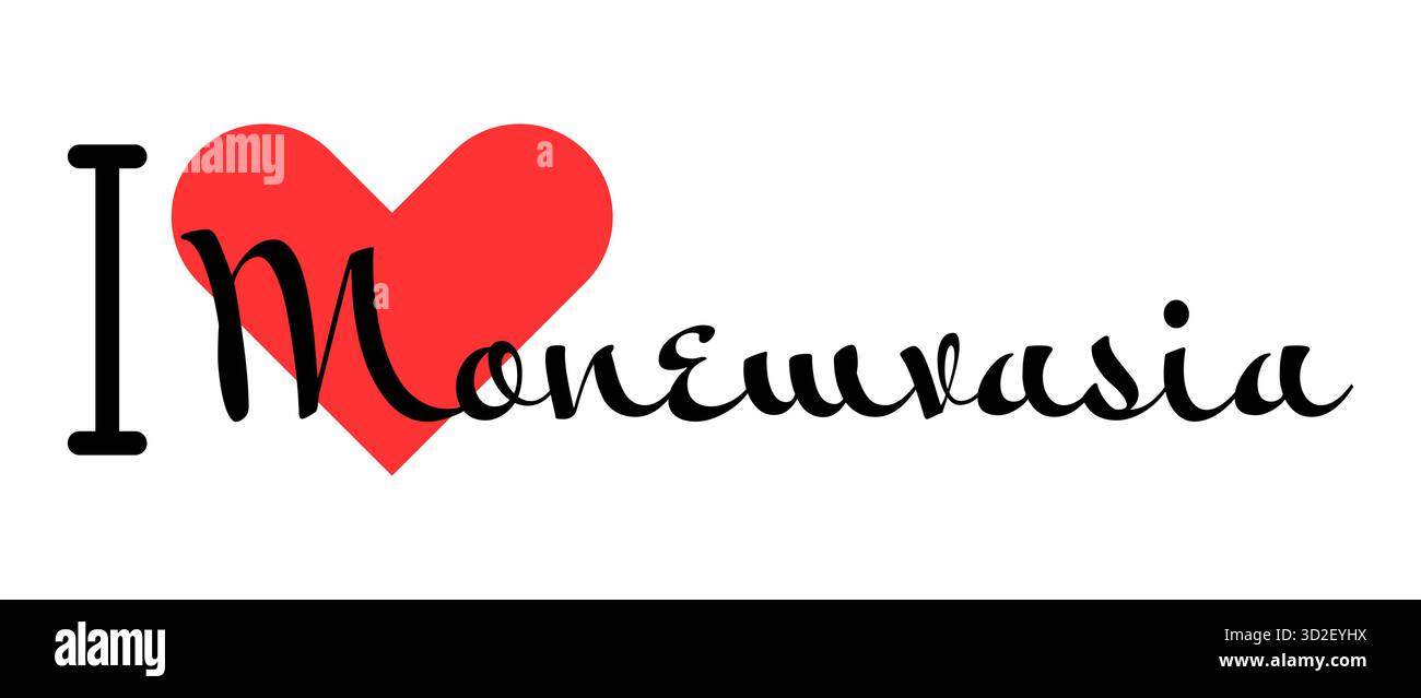 J'adore Monemvasia, ville de Grèce. Lettres dessinées à la main avec cœur rouge. Lettrage d'illustration vectorielle, conception moderne pour t-shirt d'impression, bannière, affiche, Illustration de Vecteur