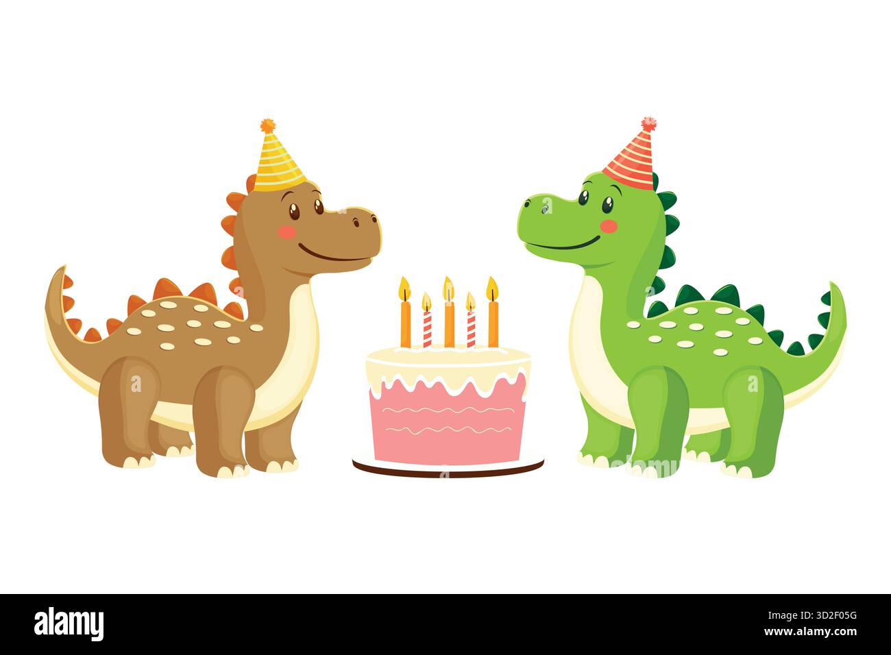 Deux dinosaures de dessin animé mignons avec gâteau d'anniversaire vecteur isolé. Illustration de Vecteur