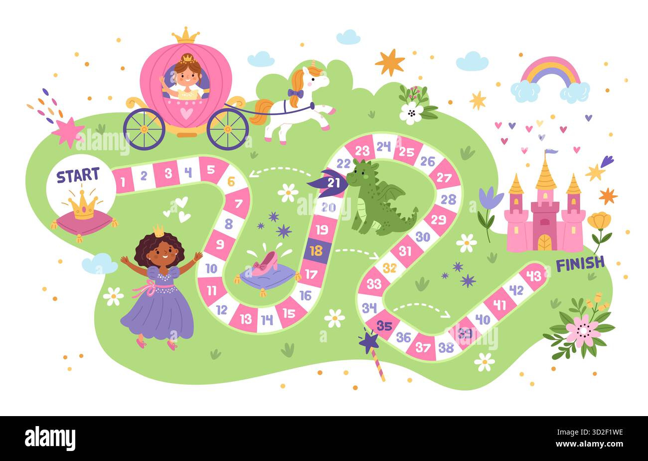 Jeu de société étape par étape. Royaume magique de conte de fées, aventures d'enfants, princesses mignonnes et licorne, modèle de labyrinthe girly pour les enfants, style plat de dessin animé Illustration de Vecteur