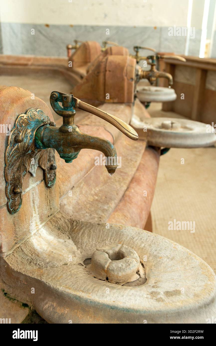 Ville thermale de Vichy. Robinets d'eau de source au printemps de Célesting (Source des Celestins), département d'Allier, Auvergne Rhône Alpes, France Banque D'Images