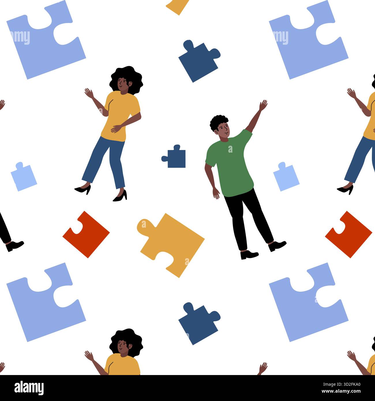 Motif de puzzle coloré avec des personnes célébrant la créativité et le travail d'équipe dans un design vibrant Illustration de Vecteur