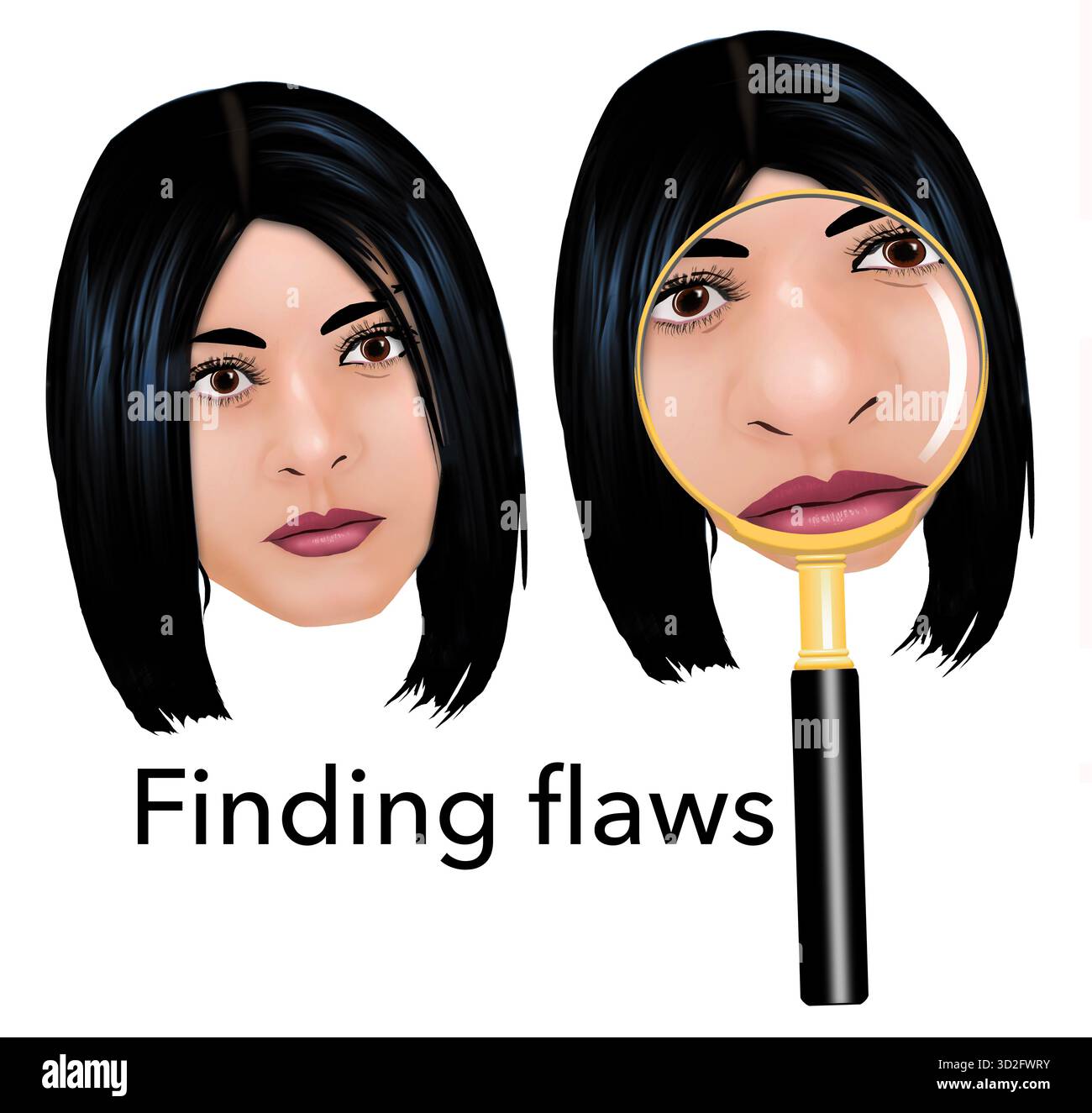 Trouver le défaut avec une inspection plus approfondie est le thème de cette femme examinée avec des distorsions qui magnifient ses défauts dans une illustration 3D. Banque D'Images