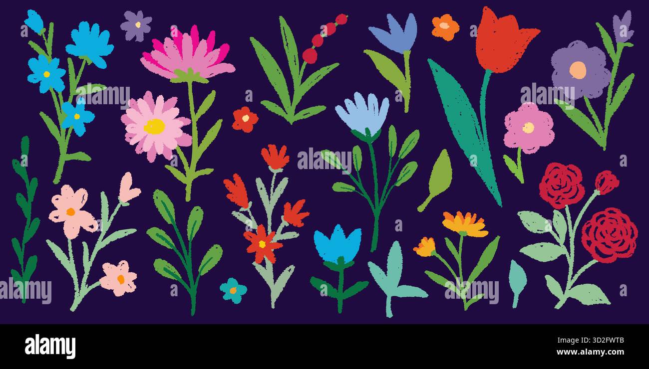 Mignon enfant doodle crayon fleurs et feuilles. Ensemble d'éléments enfantins dessinés à la main. les enfants dessinent des plantes à fleurs de style Illustration de Vecteur