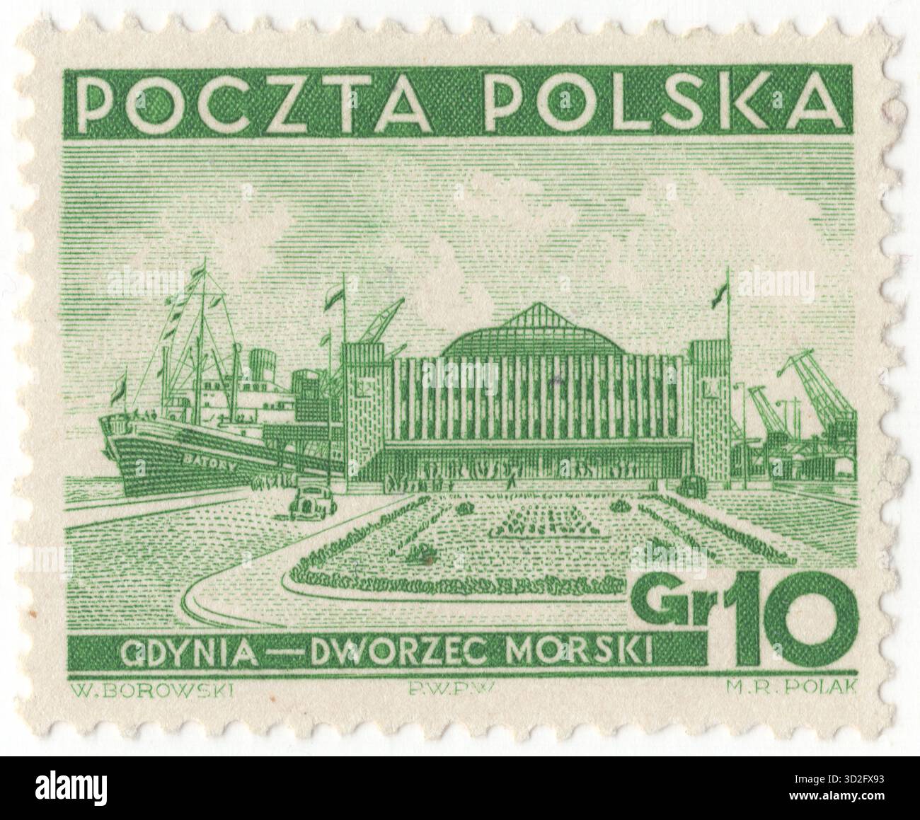 POLOGNE — 1er avril 1937 : timbre vert à 10 grosz représentant le terminal maritime de Gdynia. Dans les années 1931–1939, le port de Gdynia a été étendu pour devenir un port maritime universel. En 1938, Gdynia était le plus grand et le plus moderne port maritime de la mer Baltique, ainsi que le dixième plus grand port d'Europe. En 1938, le chantier naval de Gdynia a commencé à construire son premier navire de pleine mer, l'Olza. Les dockers allemands se mettent en grève, refusant de décharger les cargaisons de fournitures militaires envoyées de l'Ouest pour aider l'armée polonaise, et la Pologne réalise la nécessité d'une ville portuaire qu'elle contrôle complètement Banque D'Images