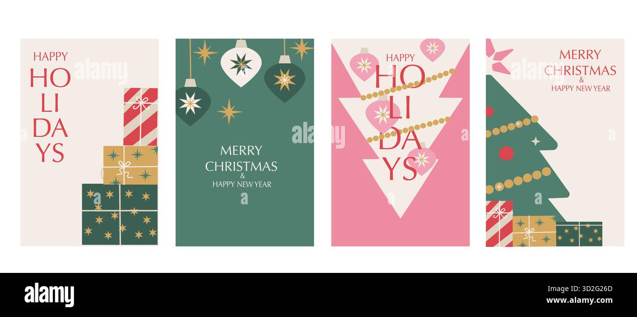 Ensemble de cartes géométriques minimalistes modernes Merry Christmas. Arrière-plans de vacances d'hiver esthétiques simples dans des couleurs rétro. Trendy xmas moderne vecteur illu Illustration de Vecteur