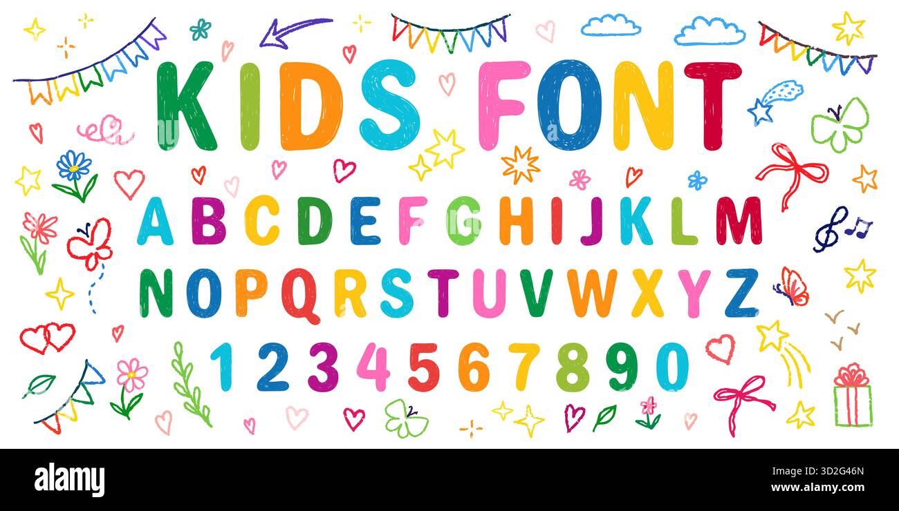 Police crayon enfants, Doodle drôle alphabet ludique. Numéros dactylographiés par enfant de gribouillage dessinés à la main. École crayon de cire abc mignon maternelle écriture Playf Illustration de Vecteur