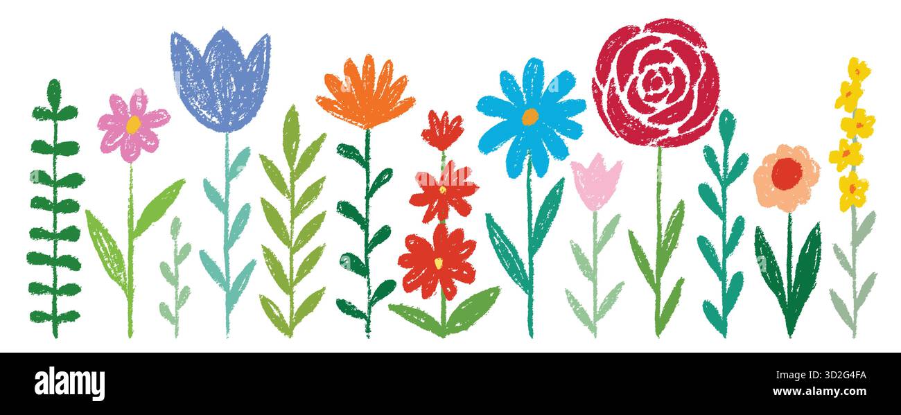 Kid Doodle main dessin crayon, cire, crayon, craie ou texture charbon. fleurs enfantines plantes, herbe et fond de ciel. Champ, prairie, jardin Illustration de Vecteur