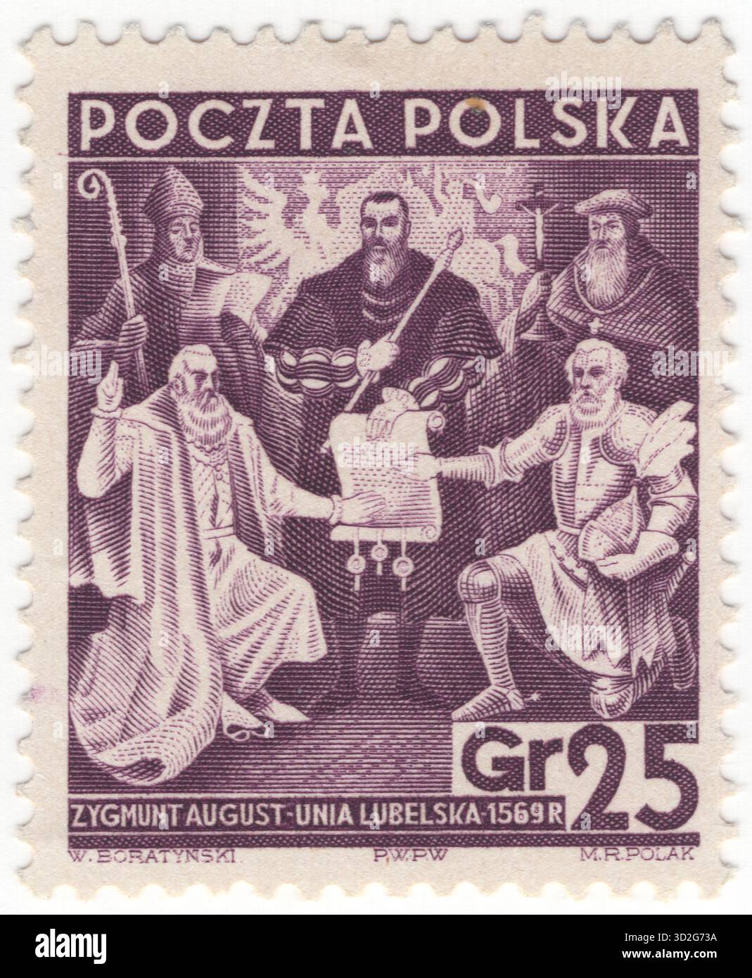 POLOGNE — 11 novembre 1938 : timbre-poste violet mat de 25 grosz représentant le traité de Lublin. L'Union de Lublin (polonais : Unia lubelska ; lituanien : Liublino unija) est signée le 1er juillet 1569 à Lublin, en Pologne, et crée un État unique, le Commonwealth polono-lituanien, l'un des plus grands pays d'Europe à l'époque. Il remplace l'union personnelle de la Couronne du Royaume de Pologne et du Grand-Duché de Lituanie par une véritable union et une monarchie élective, puisque Sigismond II Auguste, le dernier des Jagellons, est resté sans enfant après trois mariages Banque D'Images