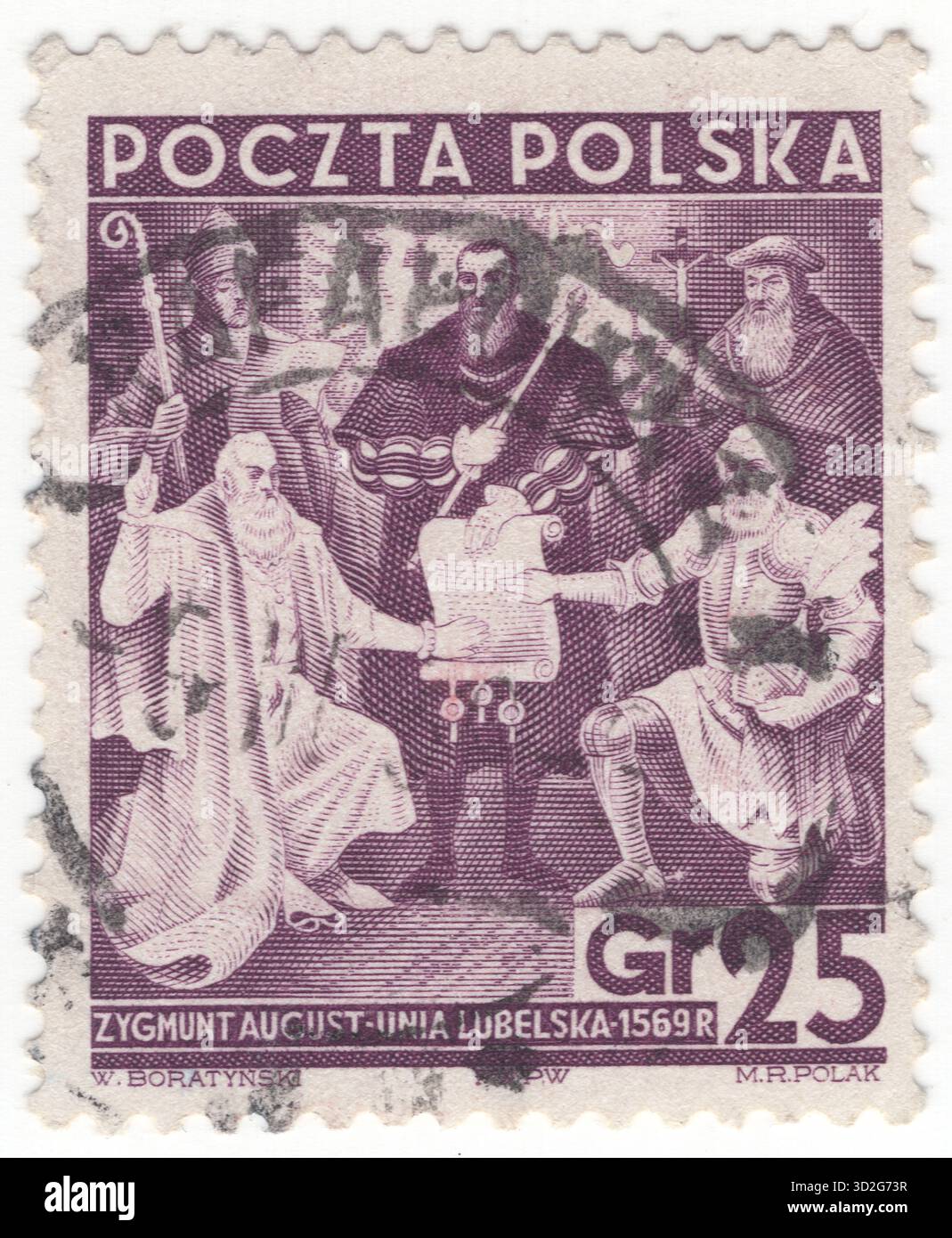 POLOGNE — 11 novembre 1938 : timbre-poste violet mat de 25 grosz représentant le traité de Lublin. L'Union de Lublin (polonais : Unia lubelska ; lituanien : Liublino unija) est signée le 1er juillet 1569 à Lublin, en Pologne, et crée un État unique, le Commonwealth polono-lituanien, l'un des plus grands pays d'Europe à l'époque. Il remplace l'union personnelle de la Couronne du Royaume de Pologne et du Grand-Duché de Lituanie par une véritable union et une monarchie élective, puisque Sigismond II Auguste, le dernier des Jagellons, est resté sans enfant après trois mariages Banque D'Images