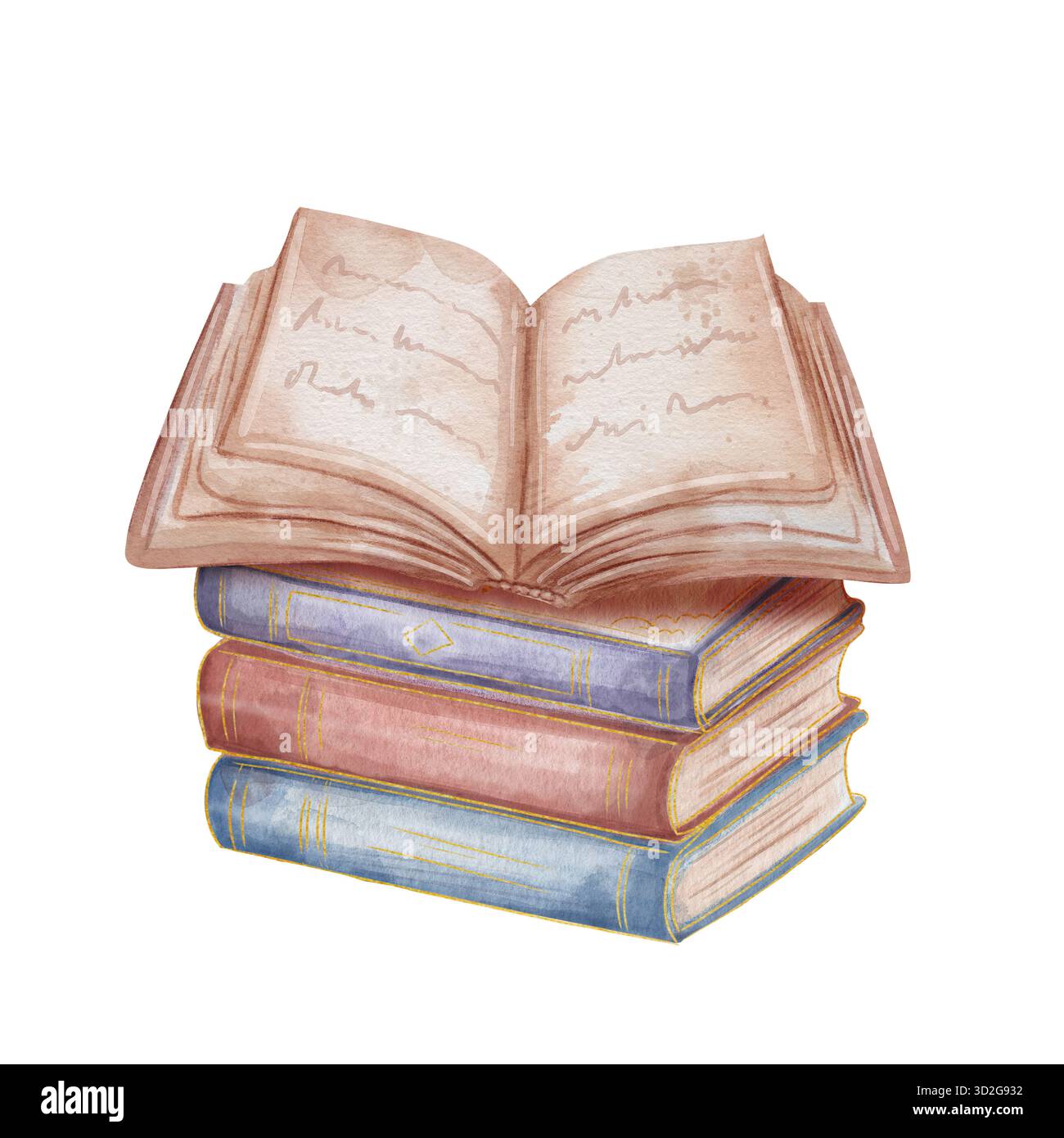 Illustration aquarelle d'une pile de livres en papier vintage avec un livre ouvert sur le dessus. Isolé sur fond blanc. Parfait pour l'éducation, le livre, les thèmes mystiques, magiques Banque D'Images