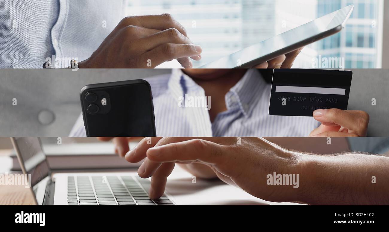 Vue rapprochée des mains interagissant avec la technologie moderne Banque D'Images