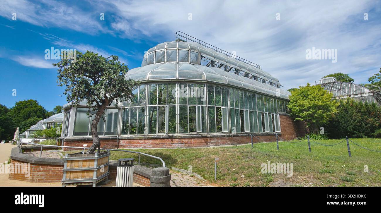 Berlin, Allemagne - 03 juillet 2025 : . La structure de serre en verre est entourée d'une verdure vibrante et d'un ciel bleu clair - Image de stock capturée avec un smartphone